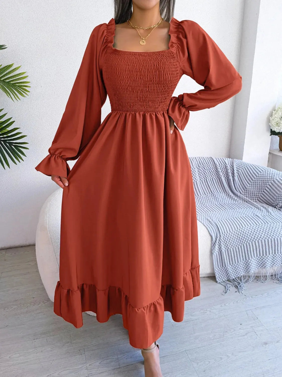 Smocked Square Neck Flounce Sleeve Dress Red Orange Casual Dresses - Tophatter Daily Deals